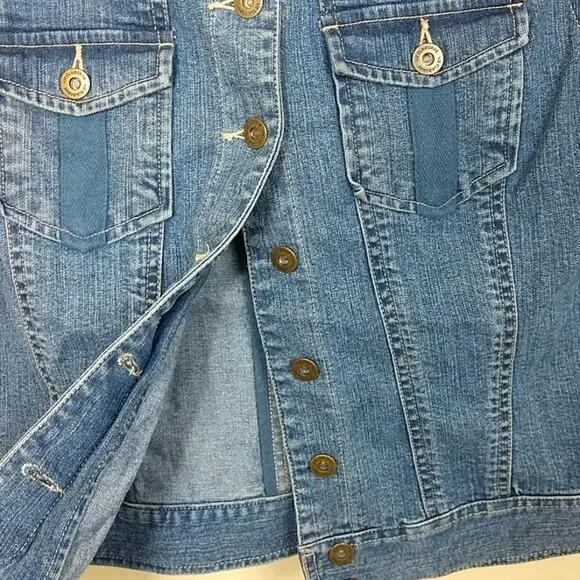 Liz Claiborne Denim Jean Jacket Knit Sleeves Shawl Collar Pocket Cuff Trim sz 14 - Picture 5 of 16